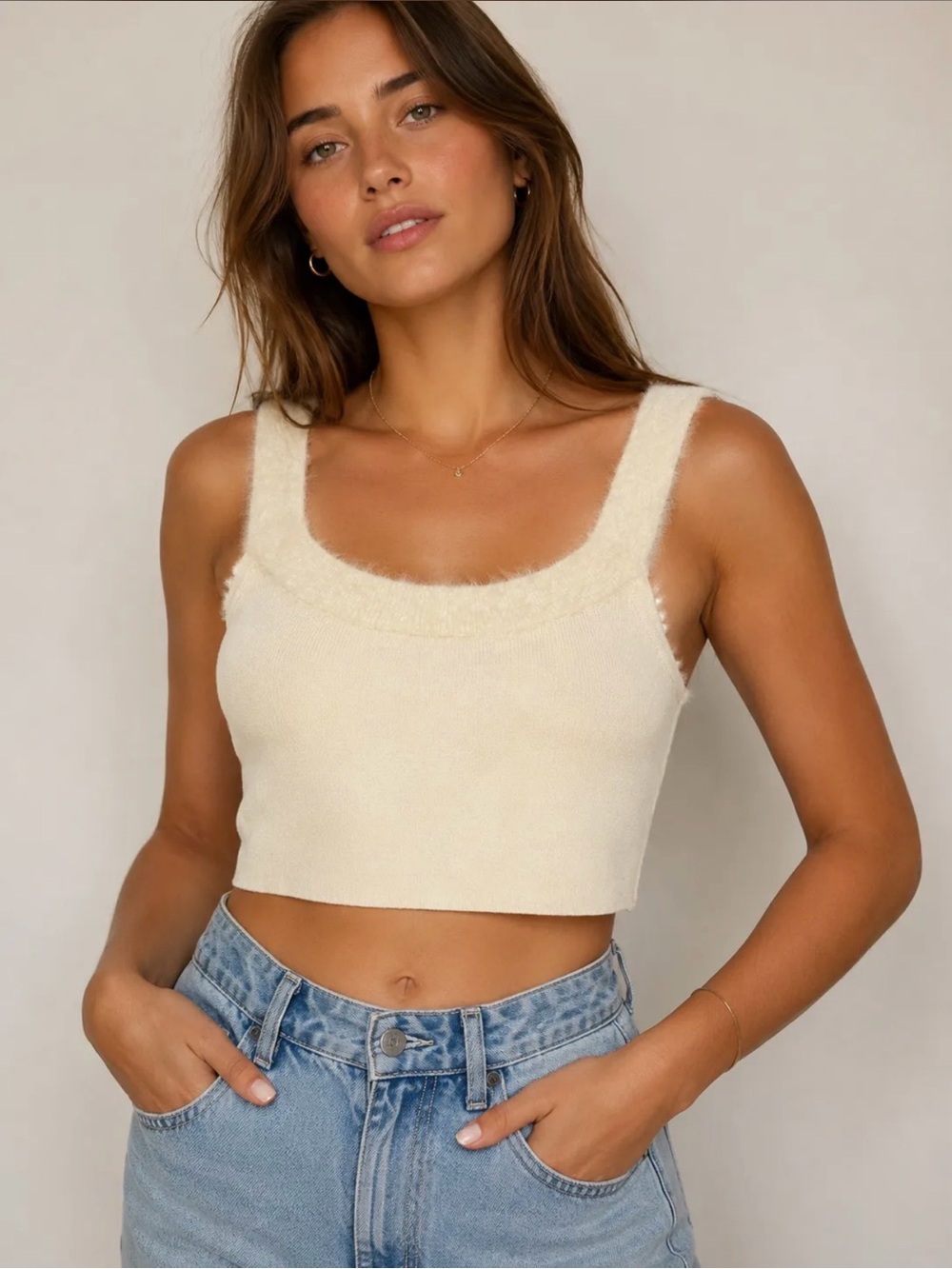 Free People Cream Fuzzy Knit Crop Tank